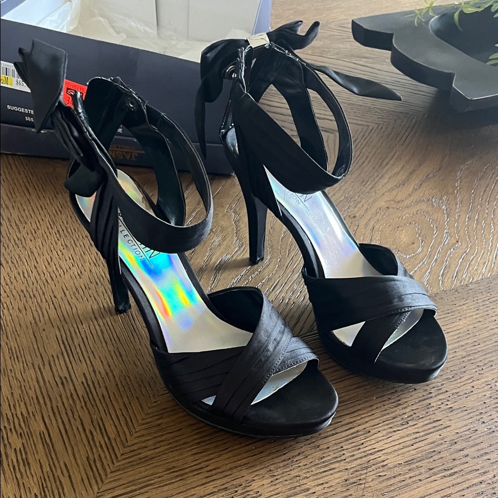 Jasmine Black Satin Strappy Heels